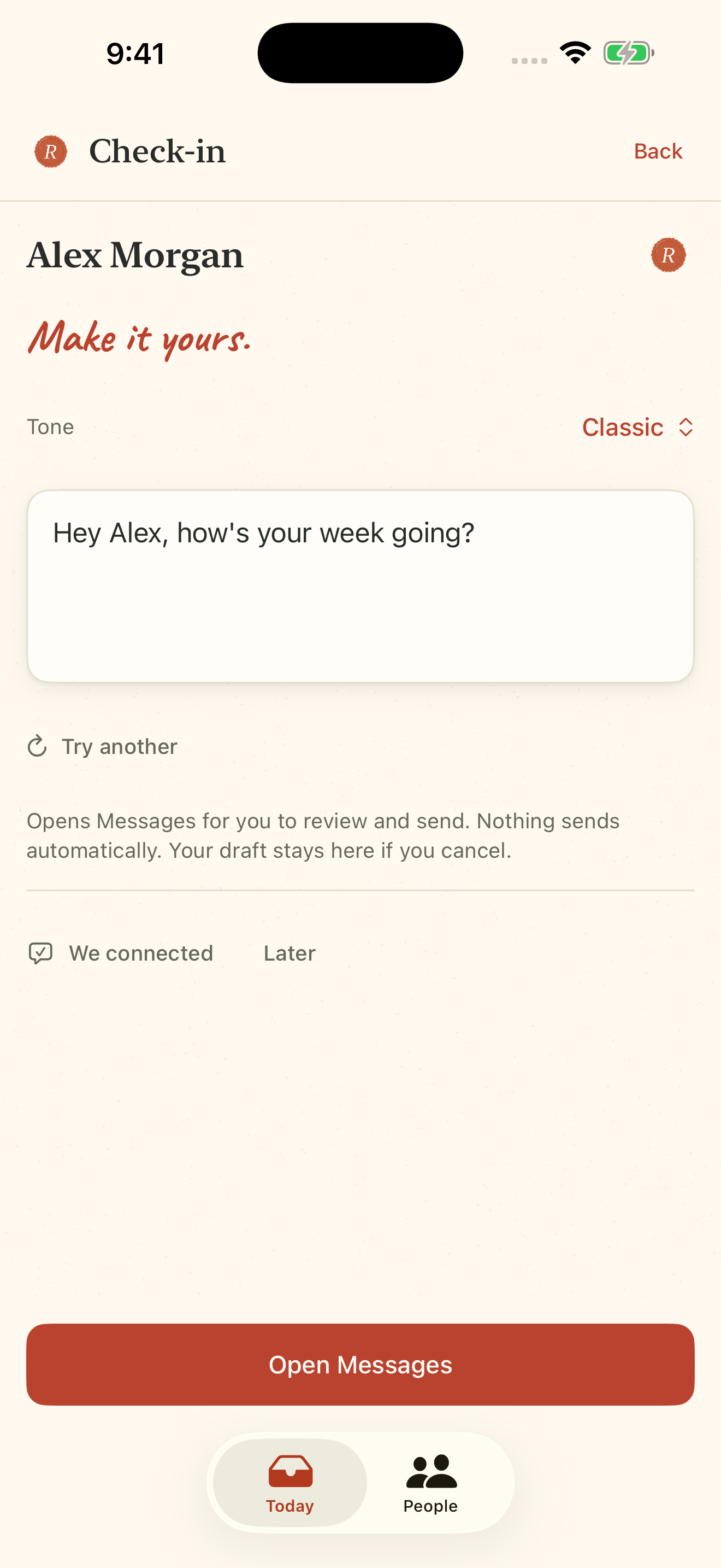 Real editable check-in draft in Remembered