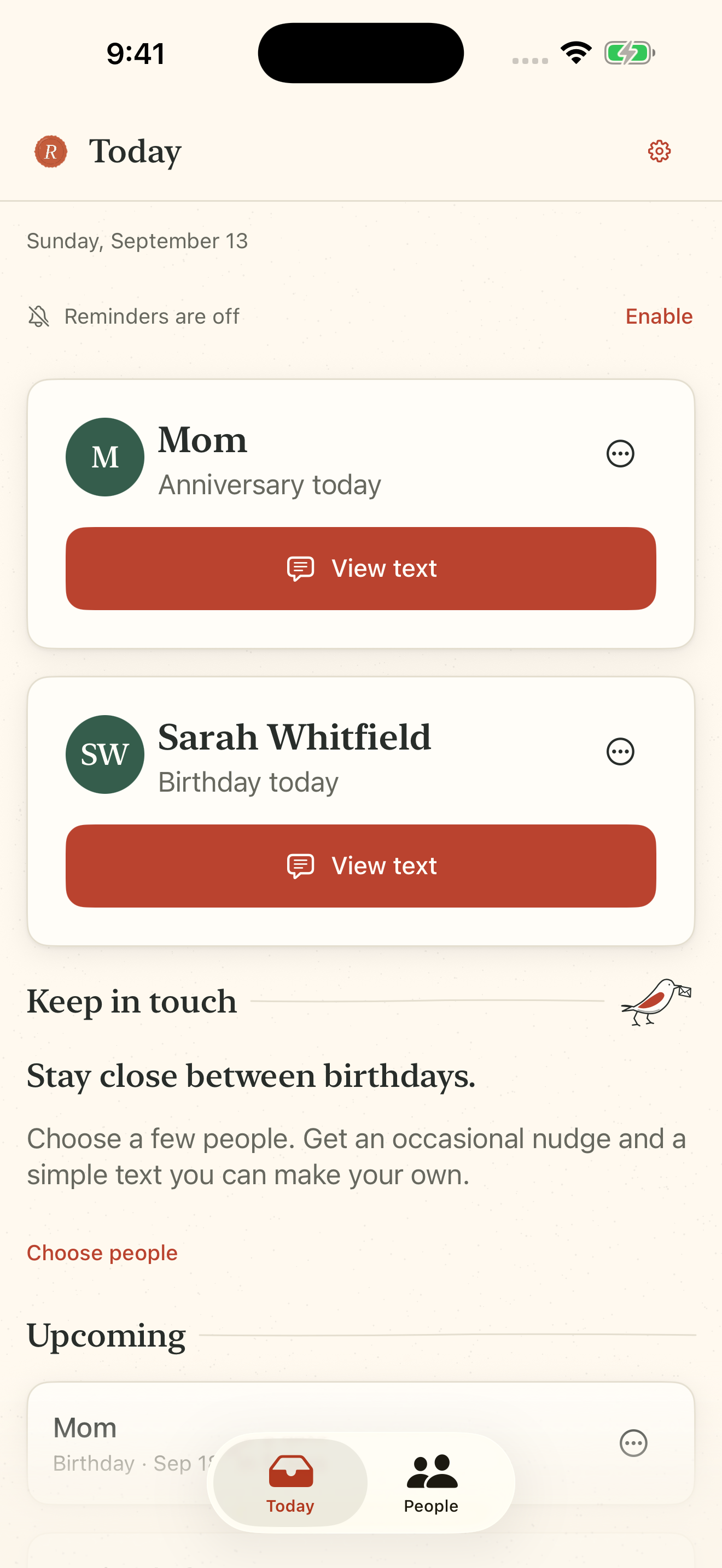 Real Remembered Today screen showing check-ins and important dates