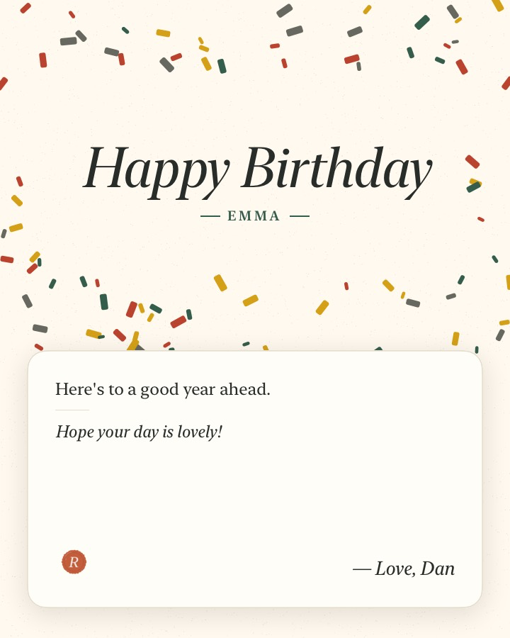 Remembered Confetti card on Cream paper, with the original R wax seal