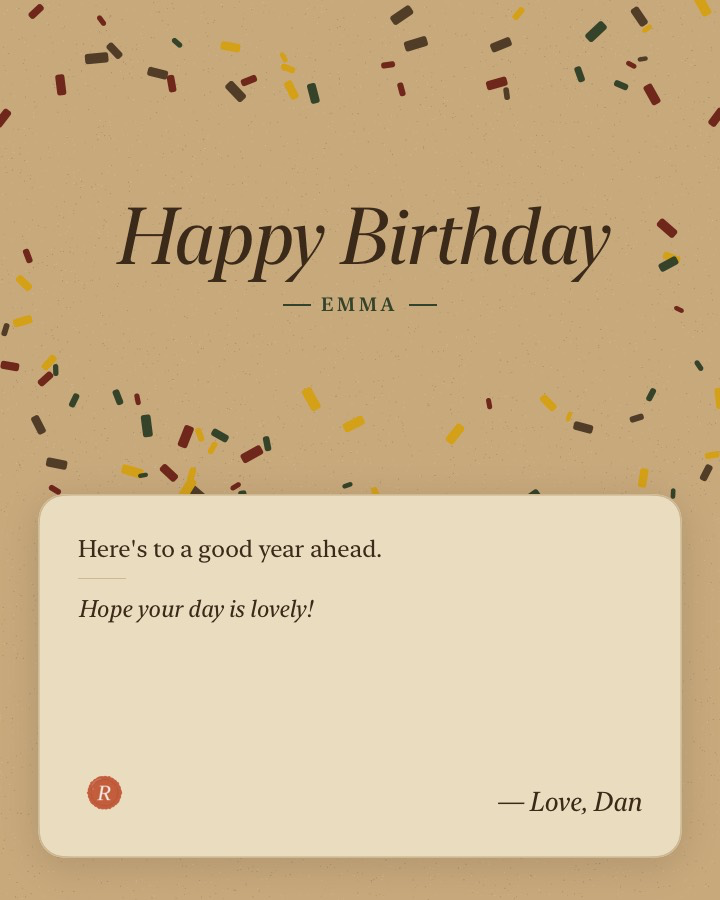 Remembered Confetti card on Kraft paper, with the original R wax seal