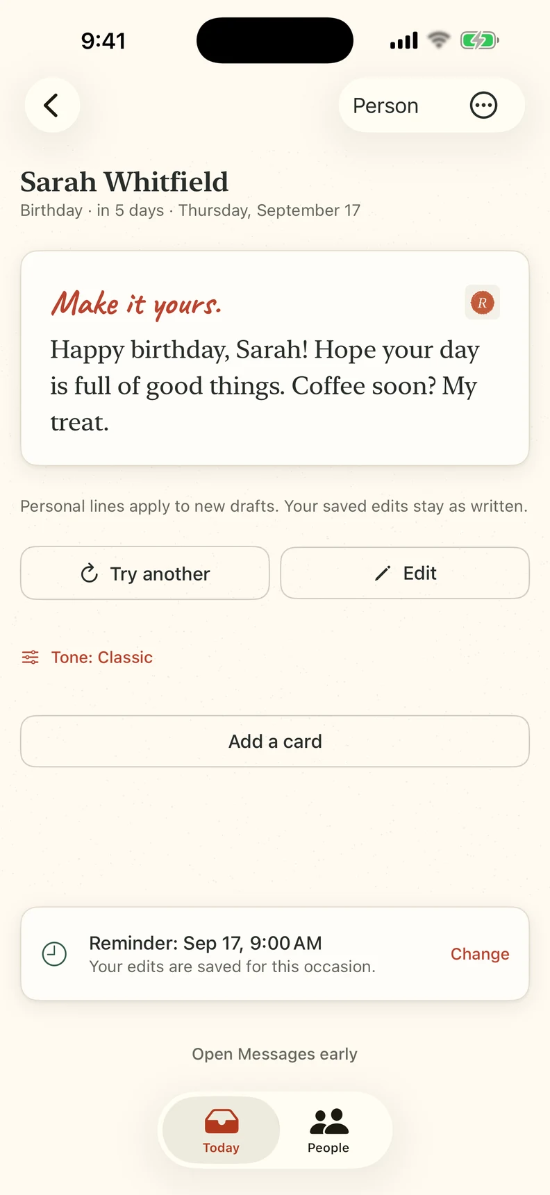 A birthday draft for Sarah with tone options, a personal line, and an option to add a card