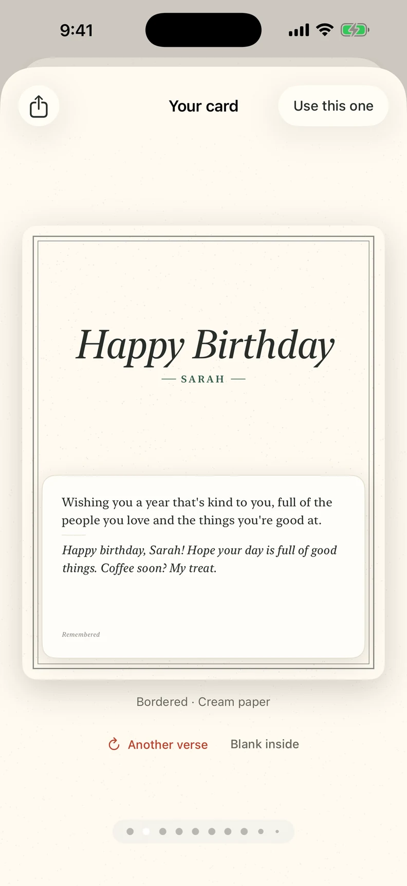 A birthday card for Sarah previewed inside Remembered