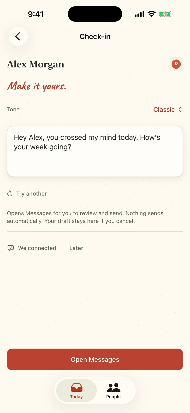 An editable check-in for Alex, with a choice of tone and an Open Messages button