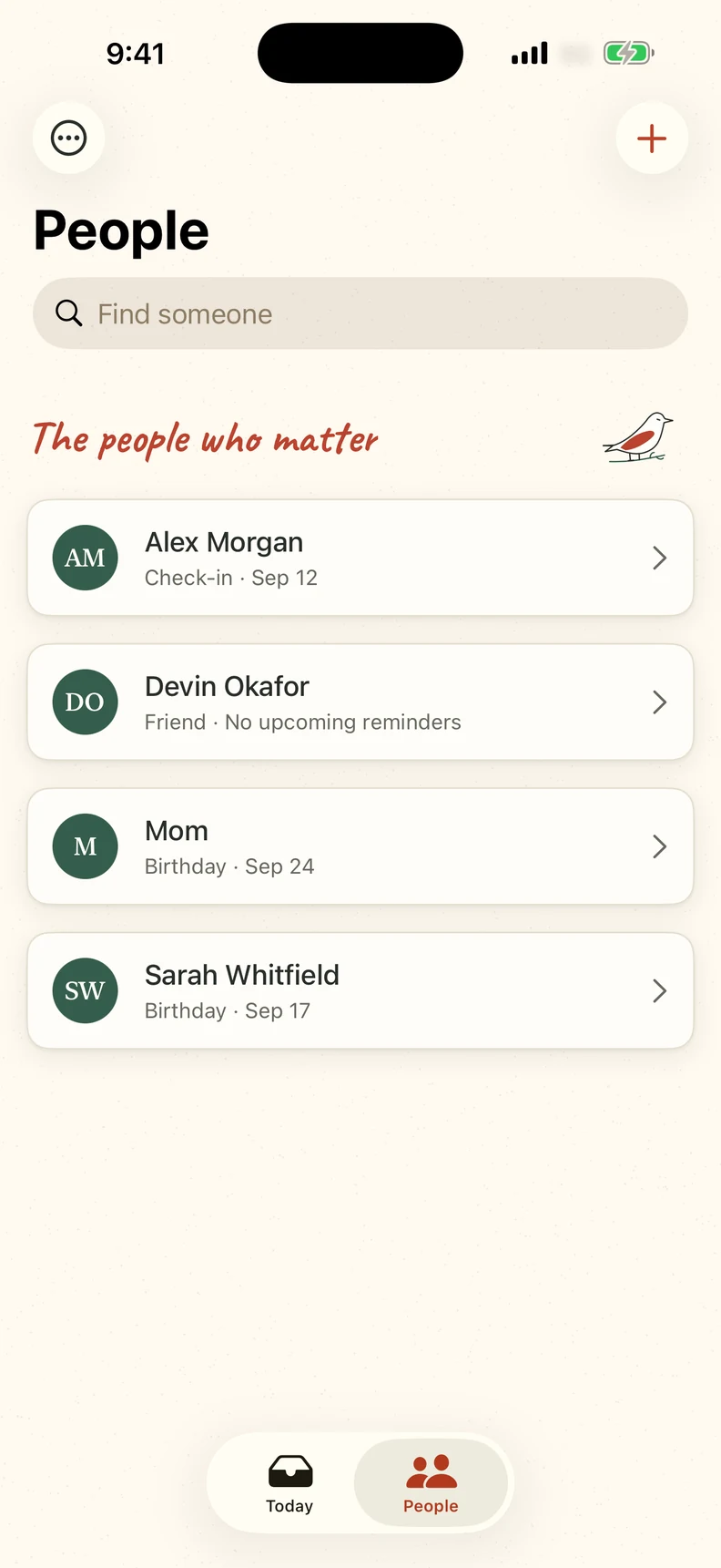 Remembered’s People screen with a small address book of friends and family