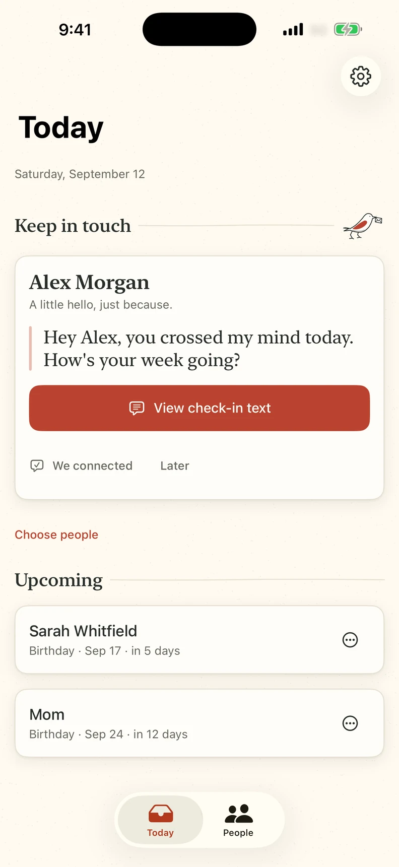 Remembered Today screen showing a gentle check-in for Alex and upcoming birthdays
